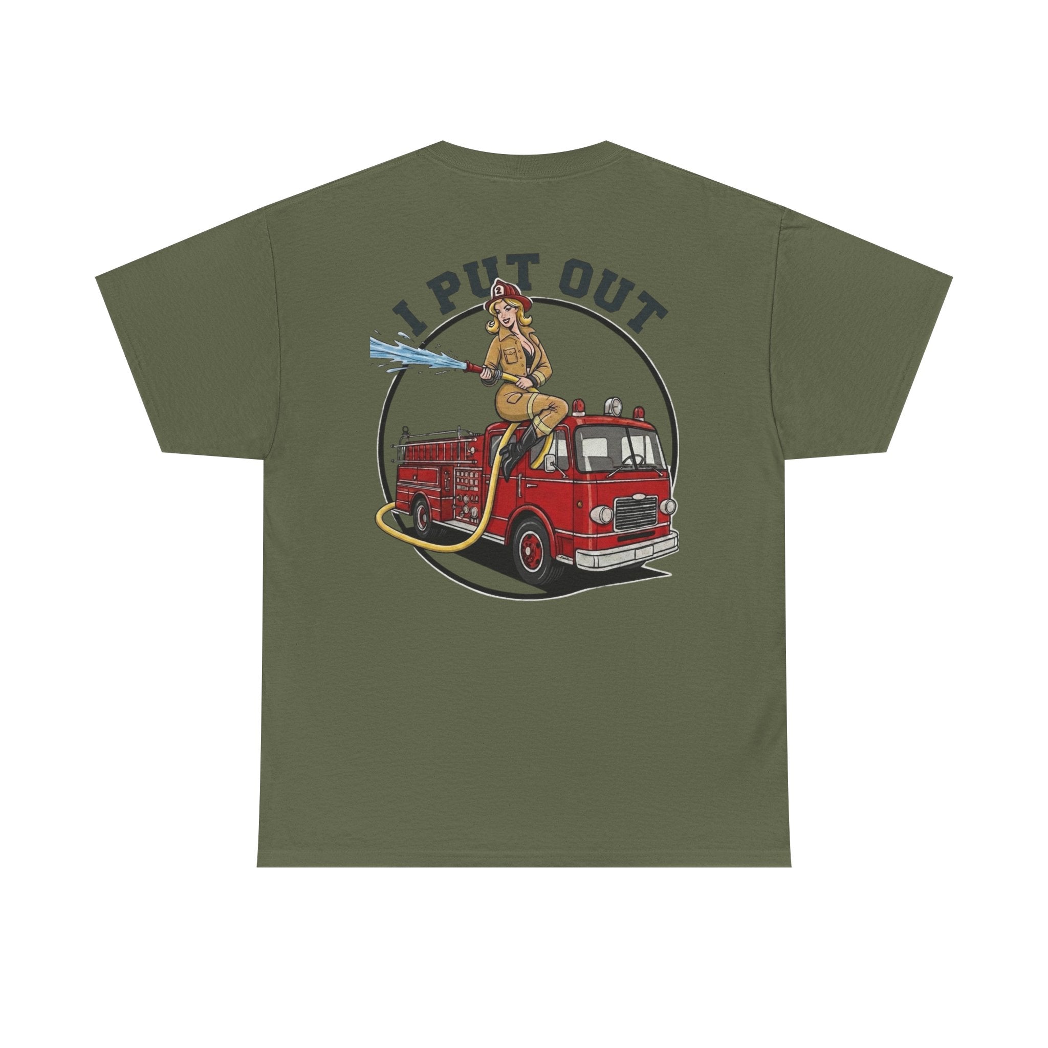 Firefighter Tee — "I Put Out" Vintage Pinup Fire Truck T-Shirt