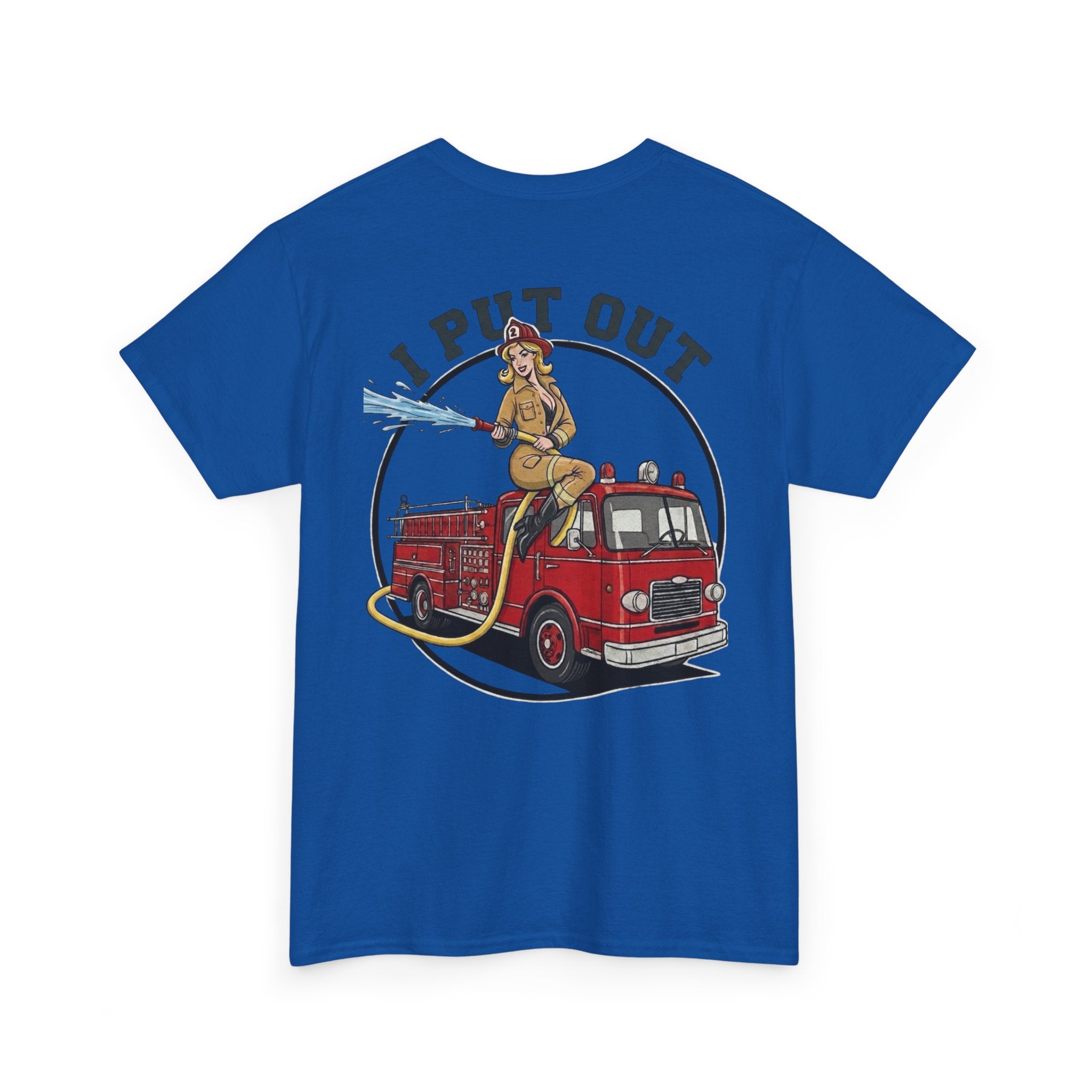 Firefighter Tee — "I Put Out" Vintage Pinup Fire Truck T-Shirt
