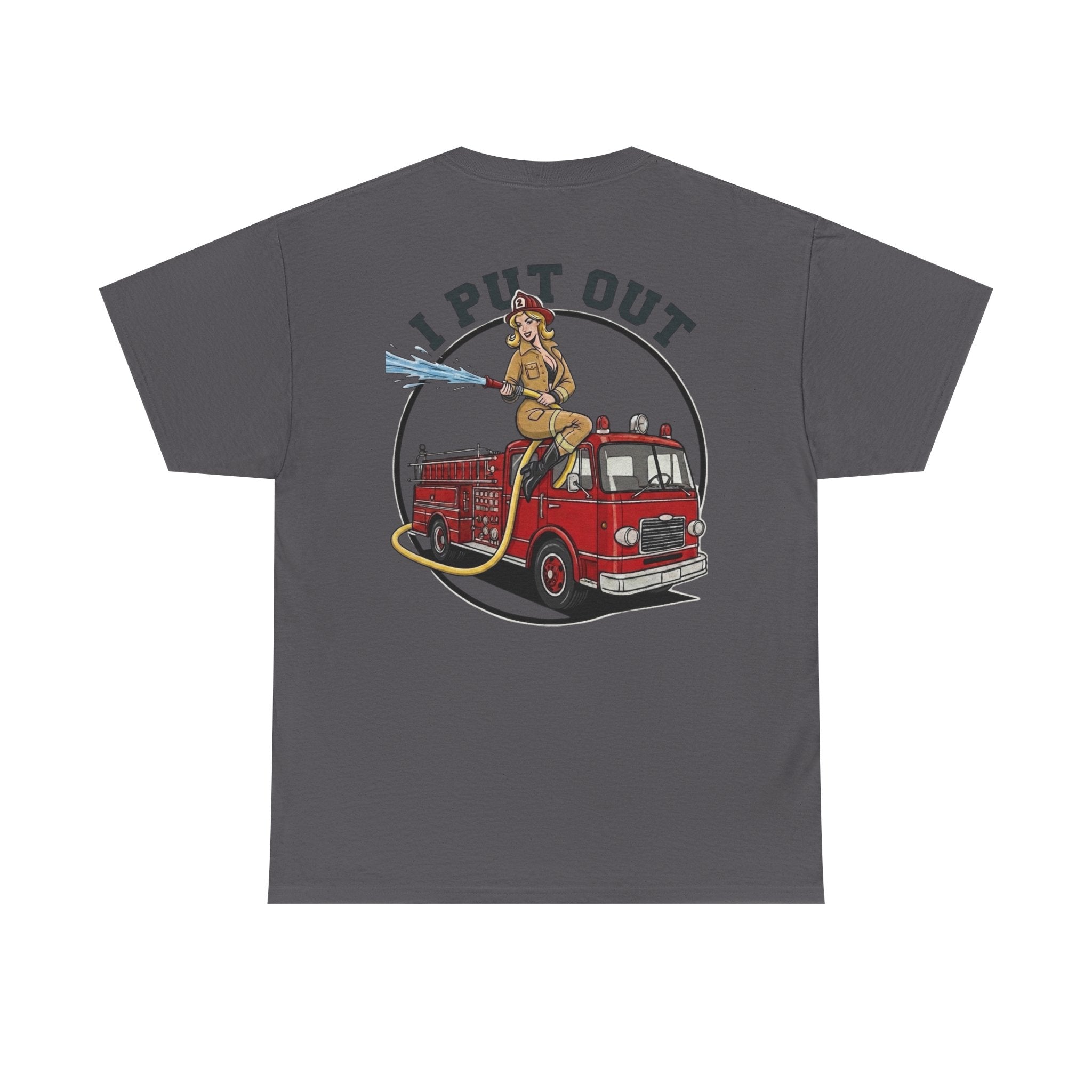 Firefighter Tee — "I Put Out" Vintage Pinup Fire Truck T-Shirt