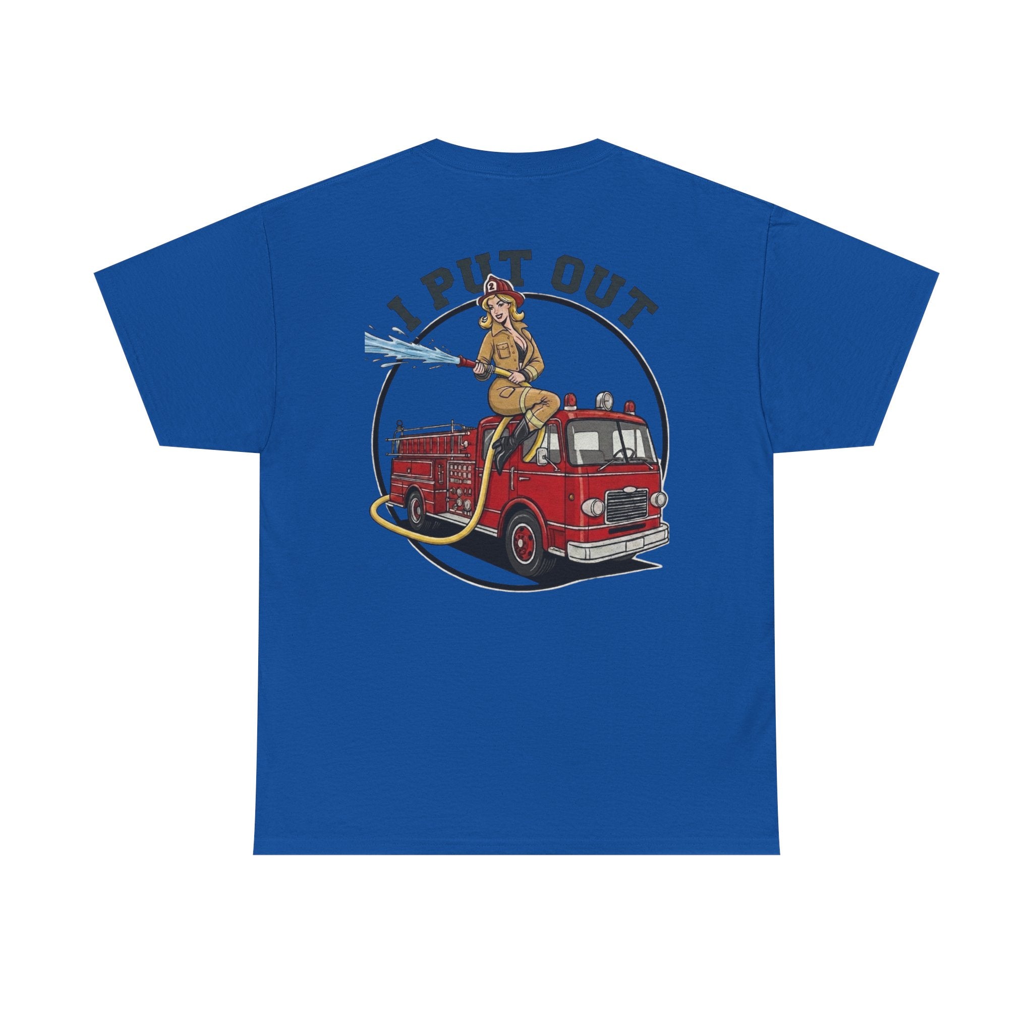 Firefighter Tee — "I Put Out" Vintage Pinup Fire Truck T-Shirt