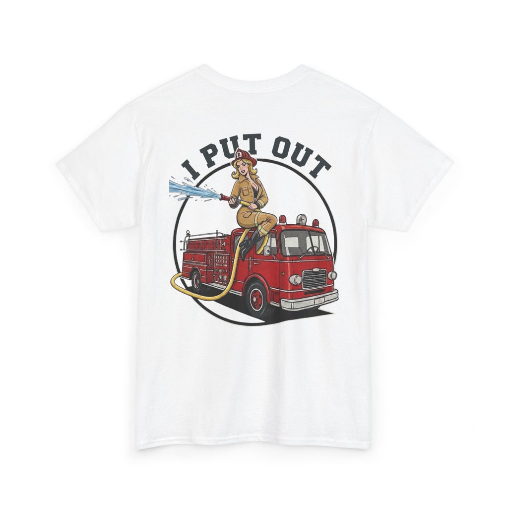 Firefighter Tee — "I Put Out" Vintage Pinup Fire Truck T-Shirt