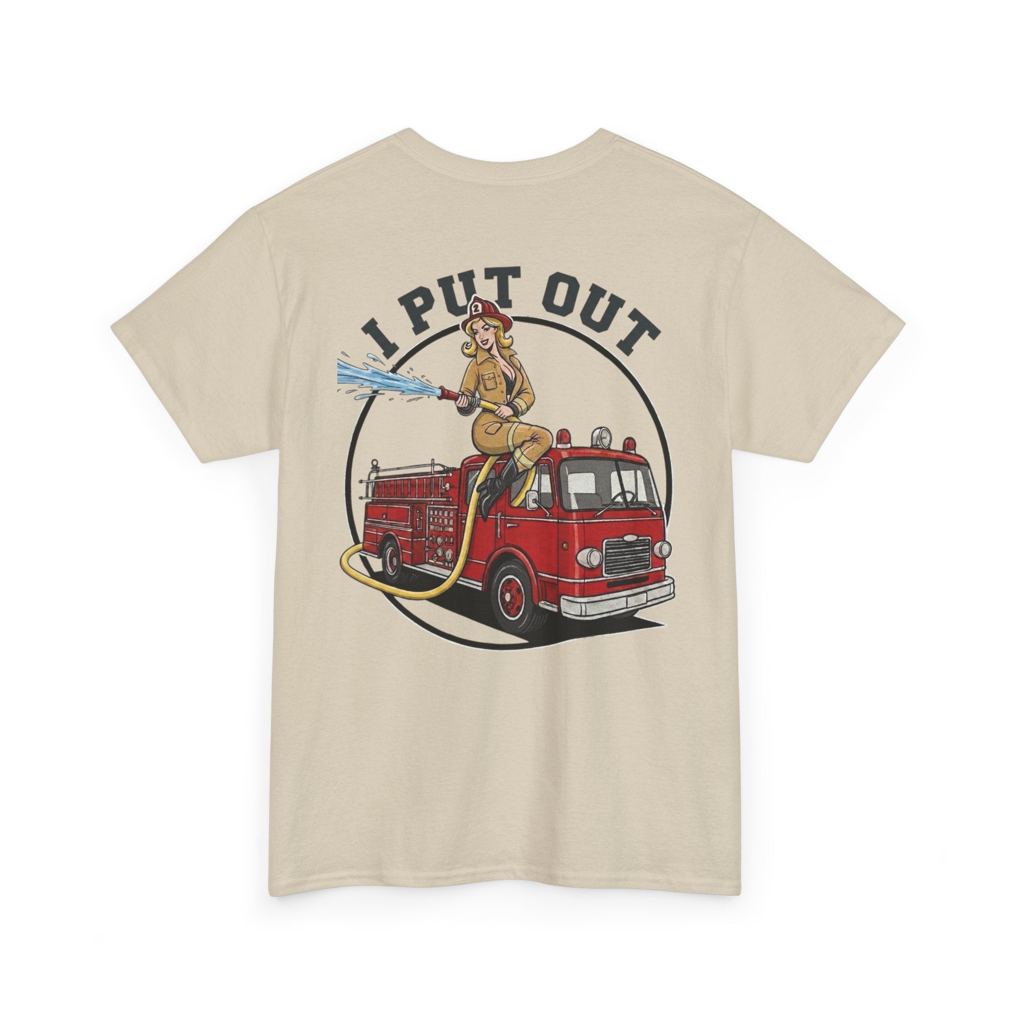 Firefighter Tee — "I Put Out" Vintage Pinup Fire Truck T-Shirt