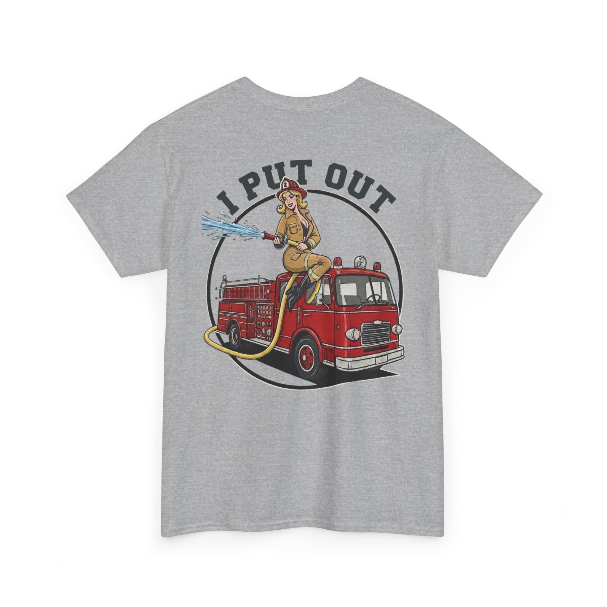 Firefighter Tee — "I Put Out" Vintage Pinup Fire Truck T-Shirt