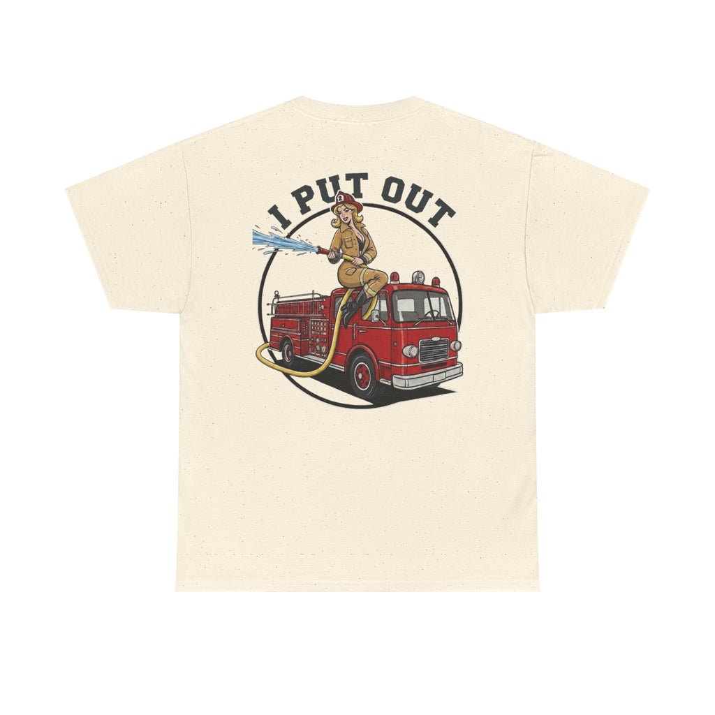 Firefighter Tee — "I Put Out" Vintage Pinup Fire Truck T-Shirt