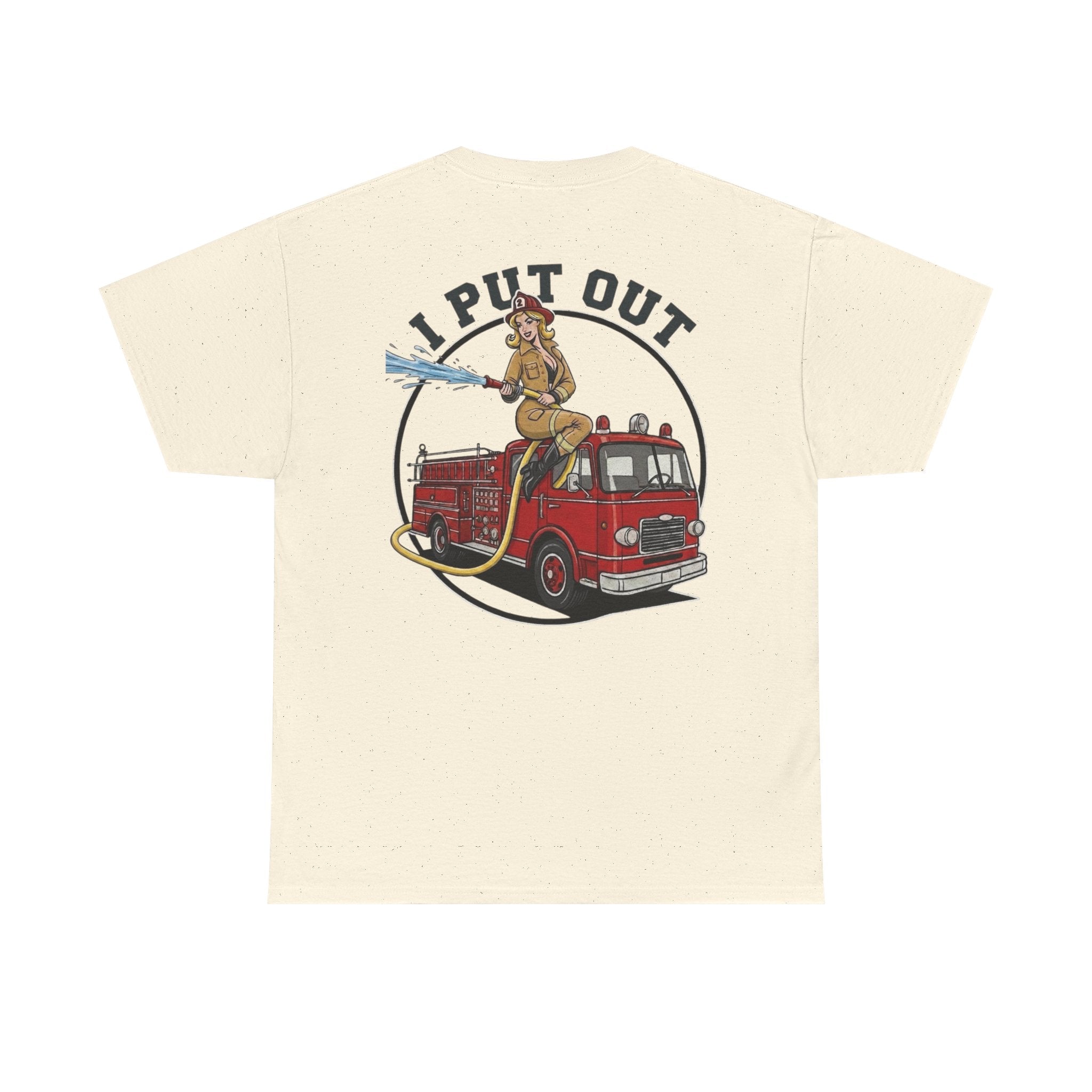 Firefighter Tee — "I Put Out" Vintage Pinup Fire Truck T-Shirt