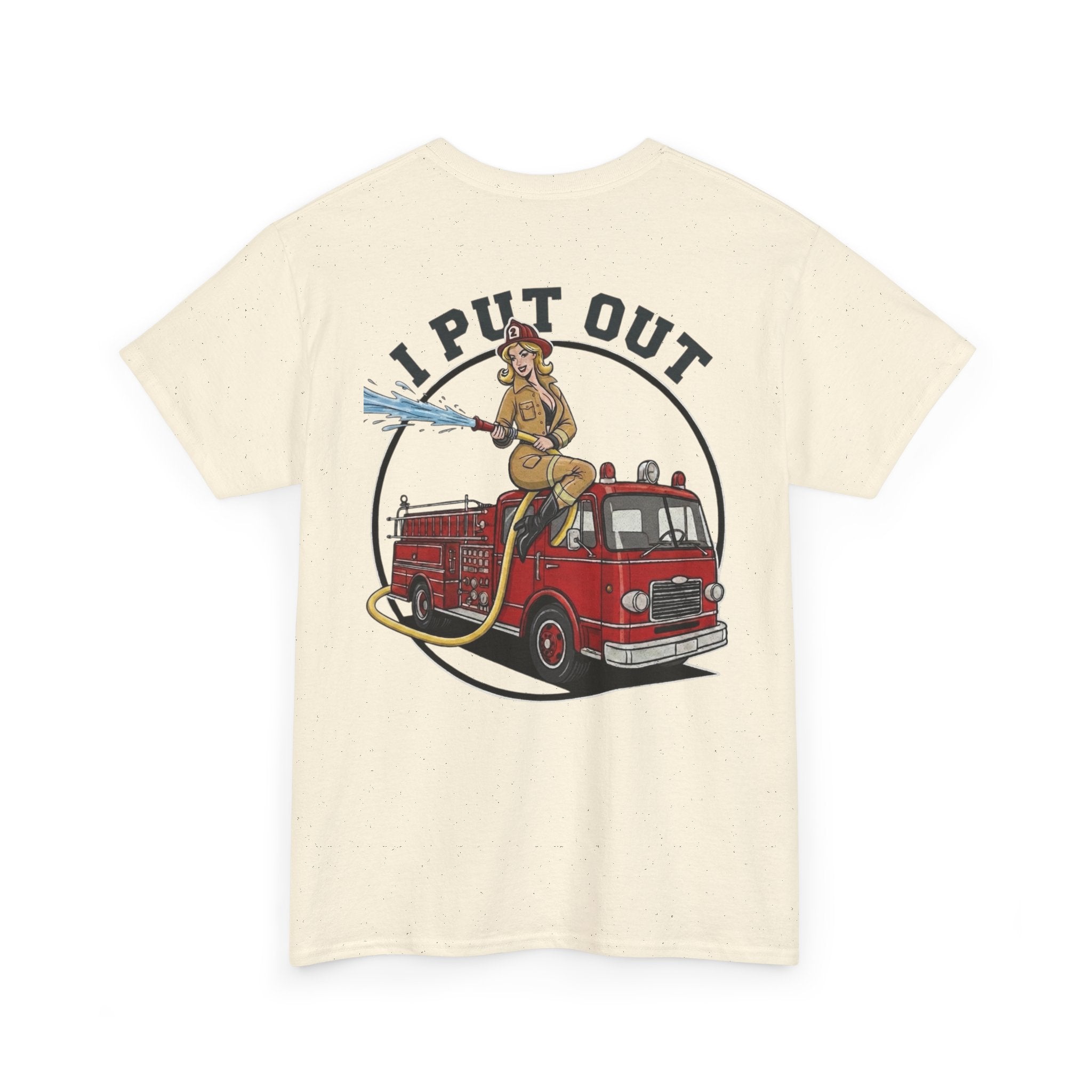 Firefighter Tee — "I Put Out" Vintage Pinup Fire Truck T-Shirt