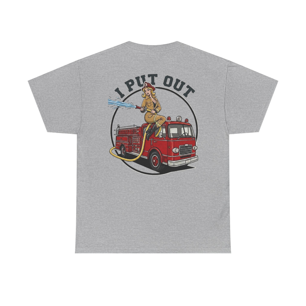 Firefighter Tee — "I Put Out" Vintage Pinup Fire Truck T-Shirt