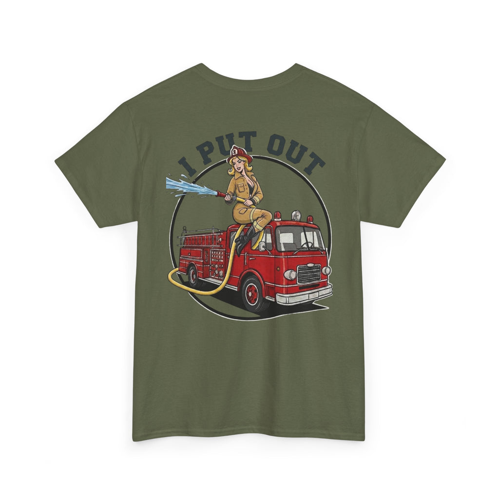 Firefighter Tee — "I Put Out" Vintage Pinup Fire Truck T-Shirt