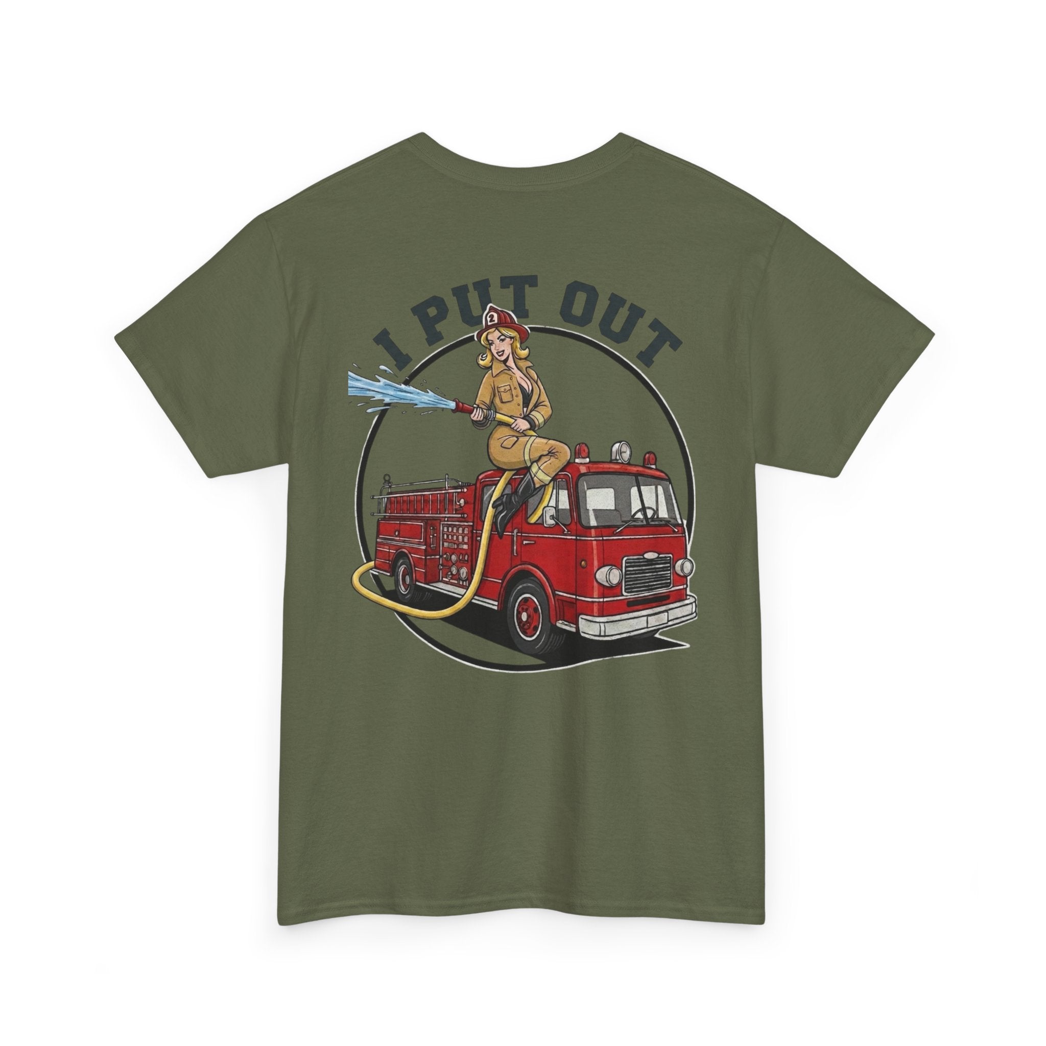 Firefighter Tee — "I Put Out" Vintage Pinup Fire Truck T-Shirt