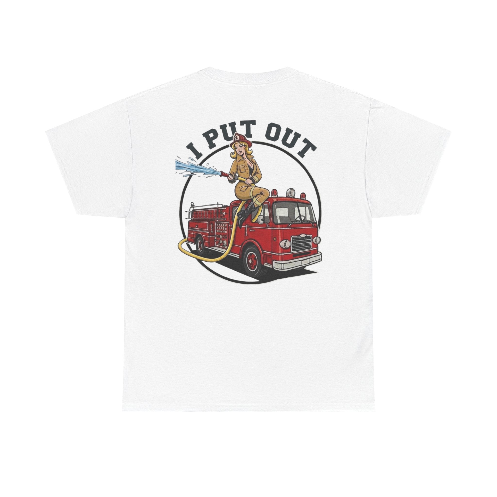 Firefighter Tee — "I Put Out" Vintage Pinup Fire Truck T-Shirt