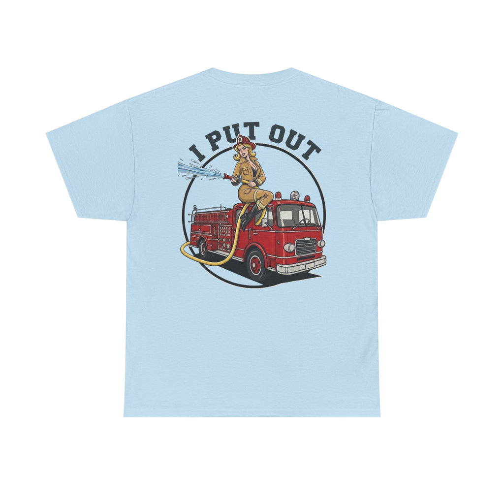 Firefighter Tee — "I Put Out" Vintage Pinup Fire Truck T-Shirt