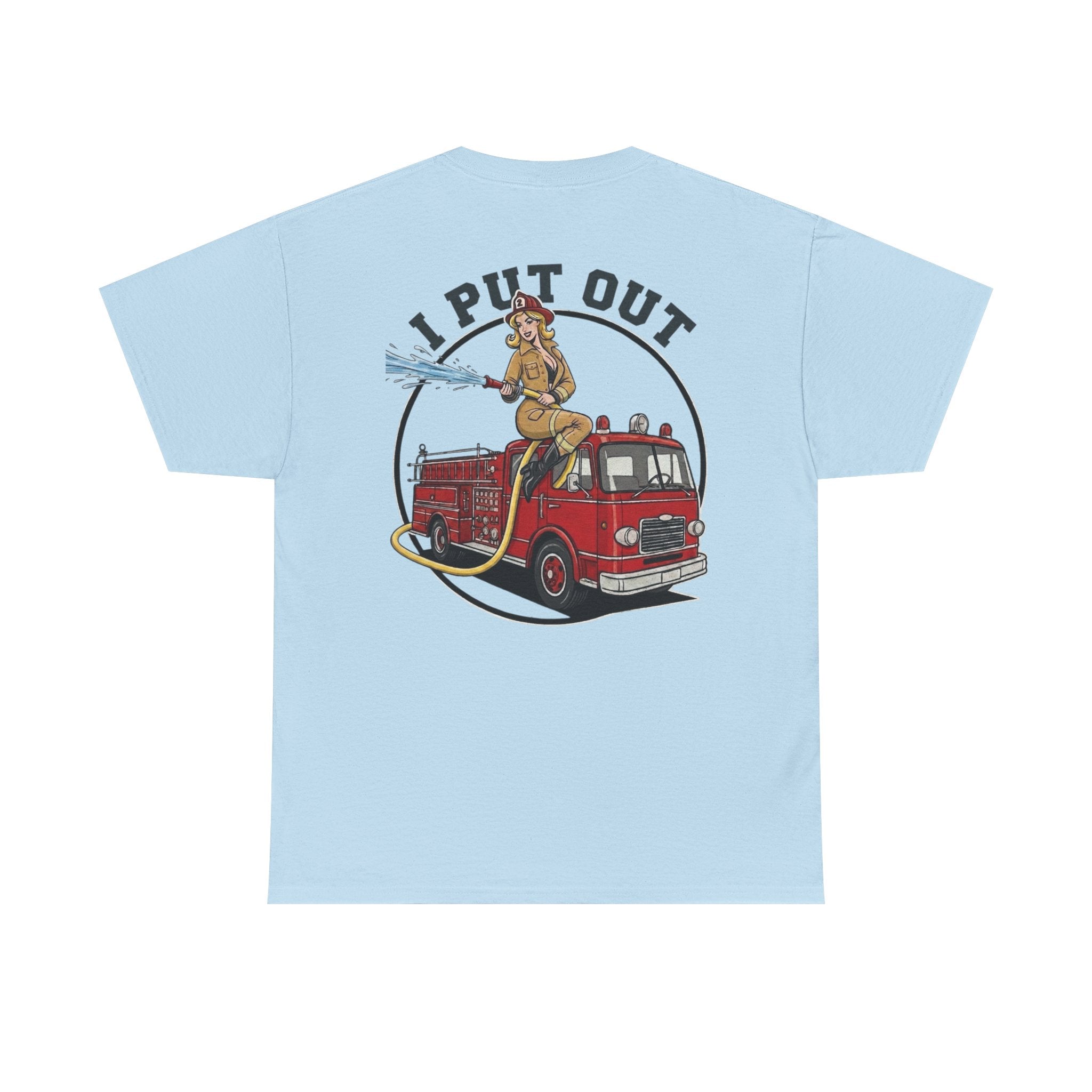 Firefighter Tee — "I Put Out" Vintage Pinup Fire Truck T-Shirt