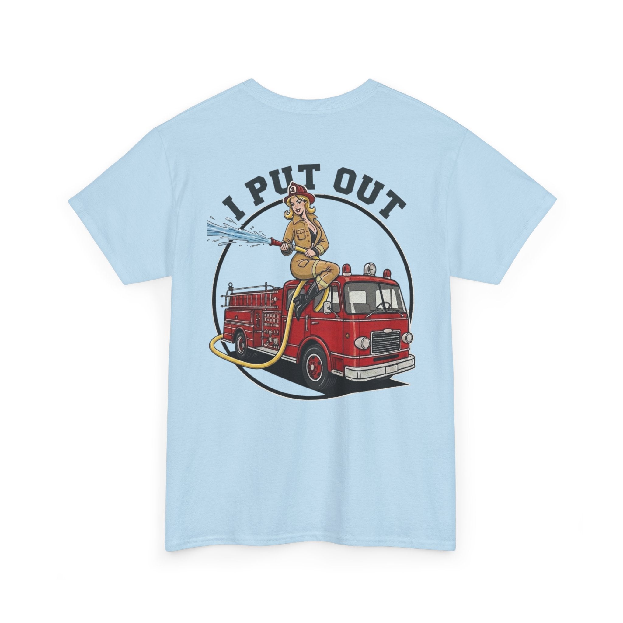 Firefighter Tee — "I Put Out" Vintage Pinup Fire Truck T-Shirt