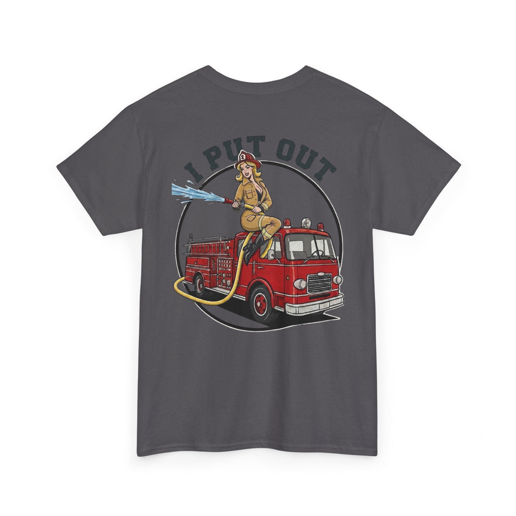 Firefighter Tee — "I Put Out" Vintage Pinup Fire Truck T-Shirt