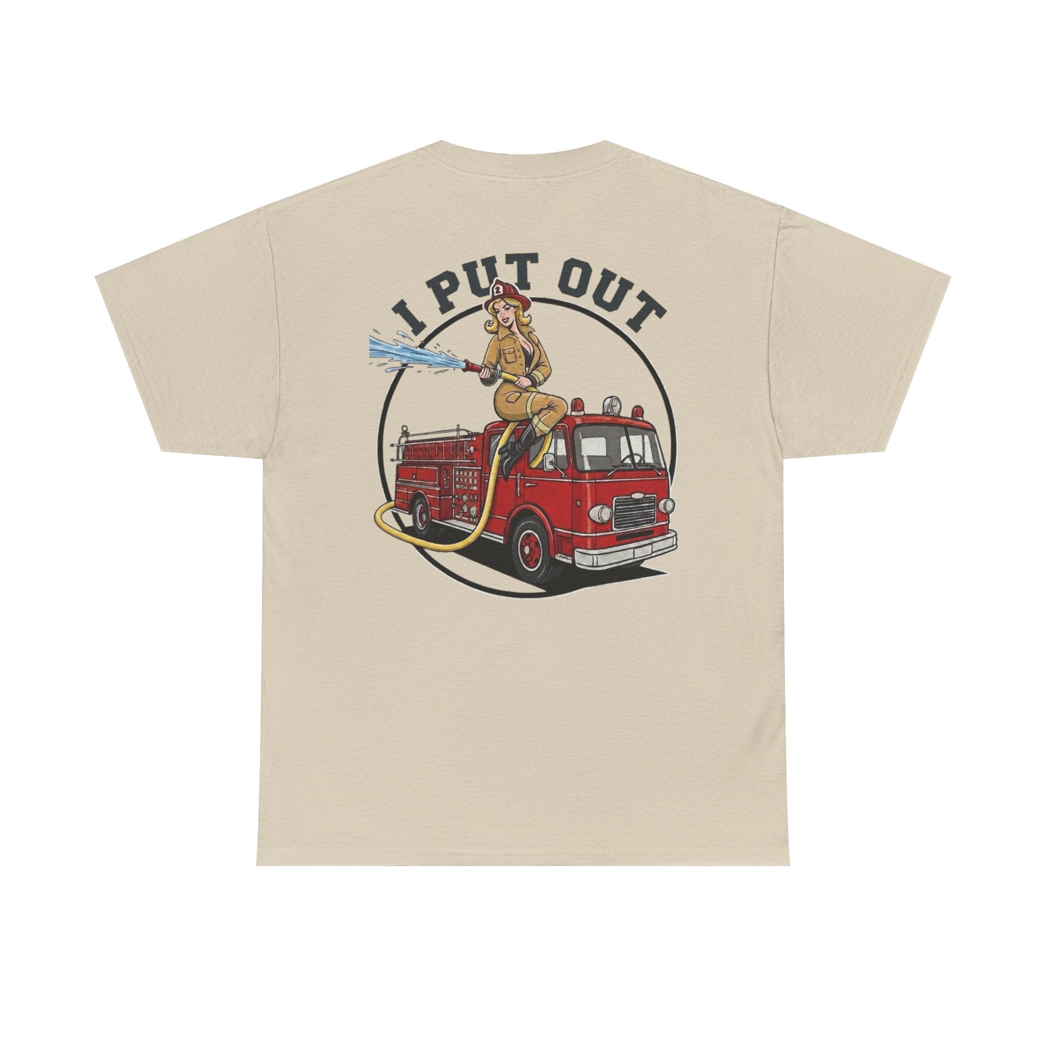 Firefighter Tee — "I Put Out" Vintage Pinup Fire Truck T-Shirt